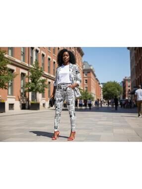 Black and White Newspaper Print Mid Sleeve Pant's Suit